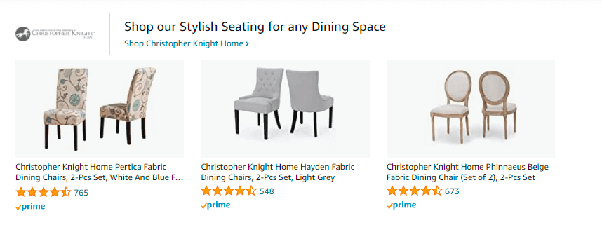 eCommerce search result for dining chairs search